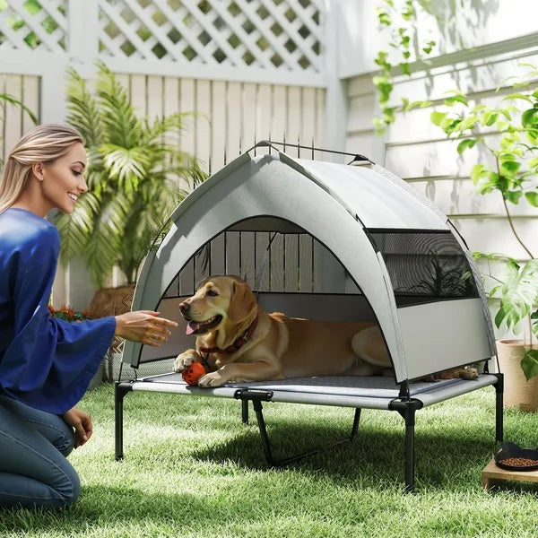 Elevated Dog Bed With Removable Canopy, Pet Cot With Cooling Pad, Storage Bag