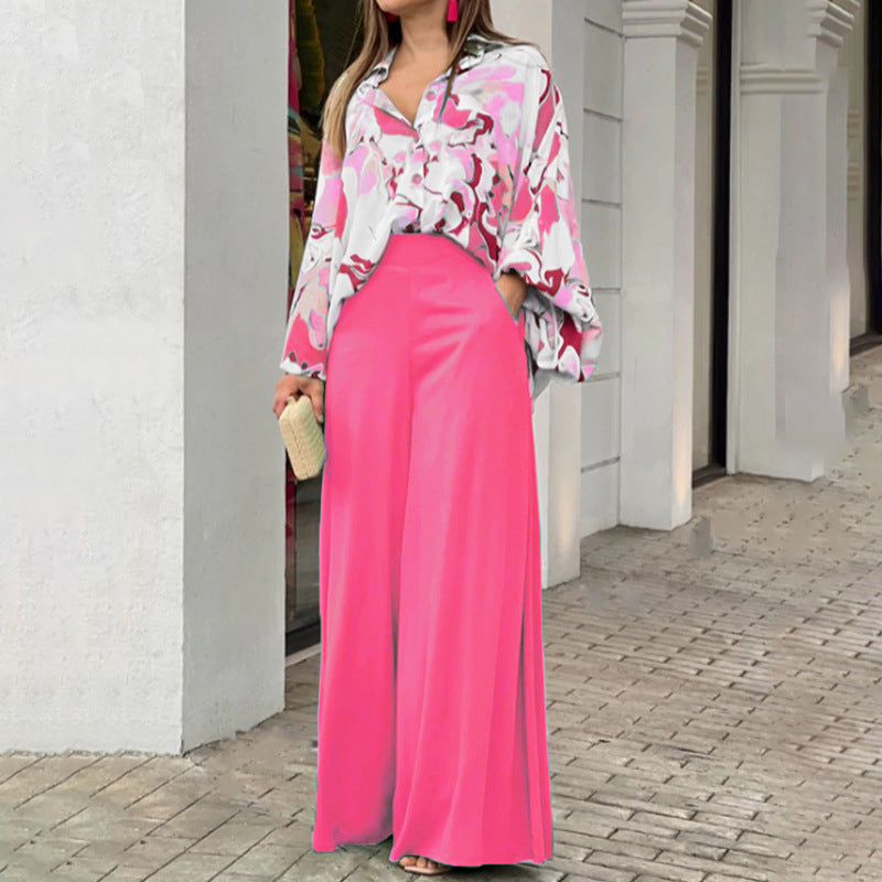 Floral Button-Up Blouse & Wide-Leg Pant