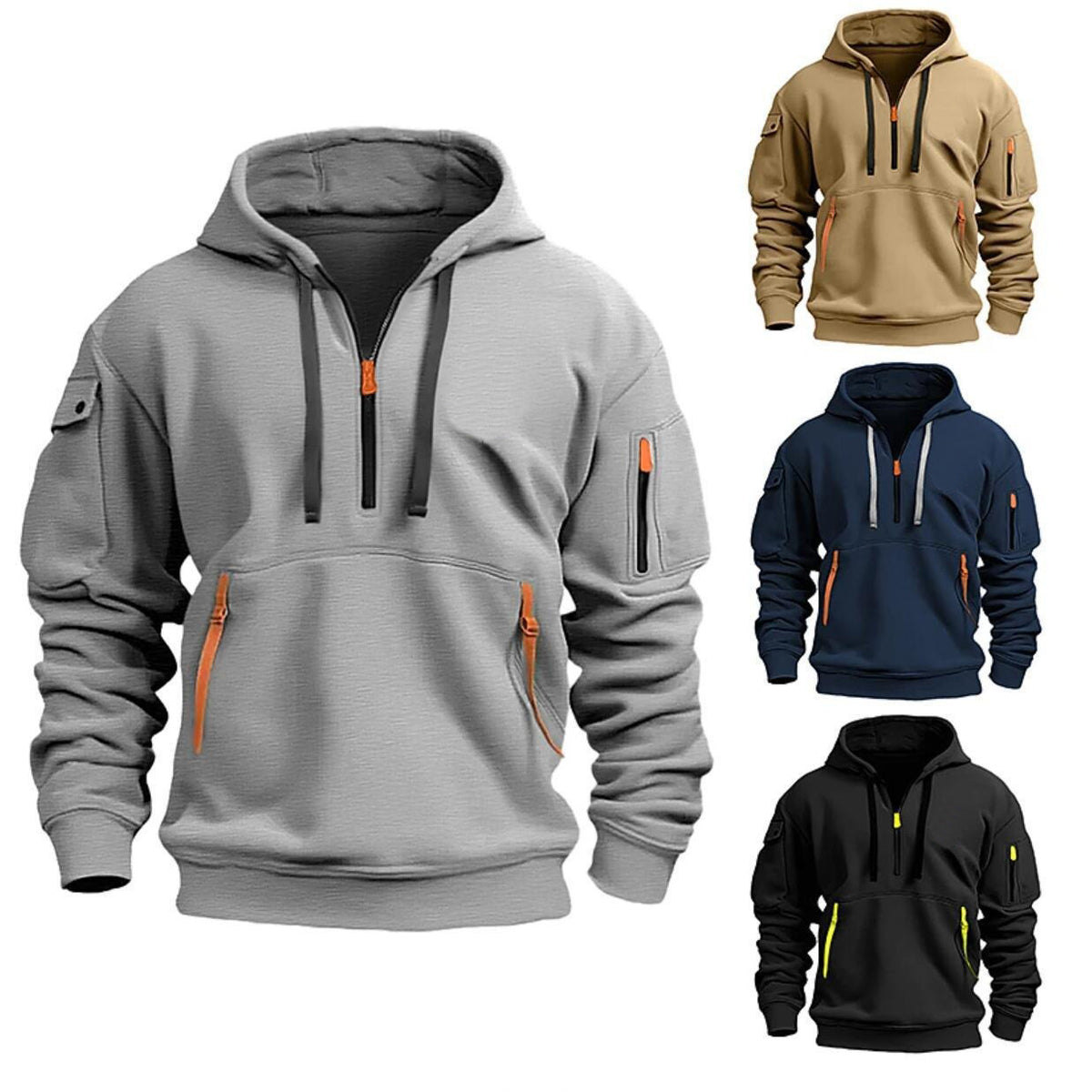Half-zip drop shoulder hoodie for men and women in gray, khaki, navy and black