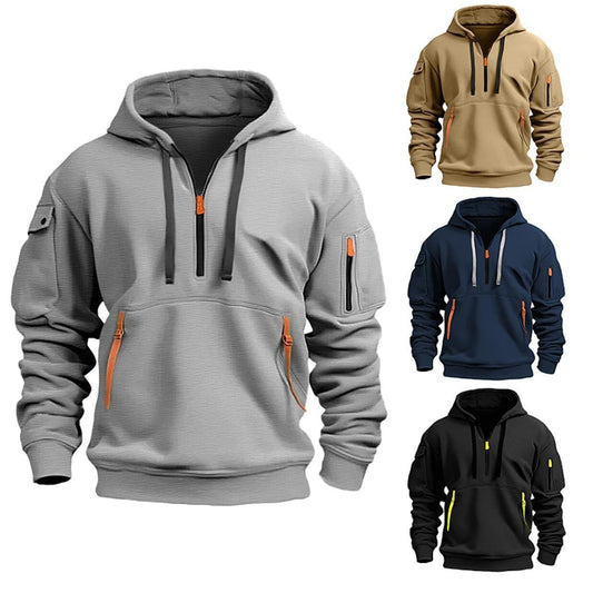 Half-zip drop shoulder hoodie for men and women in gray, khaki, navy and black