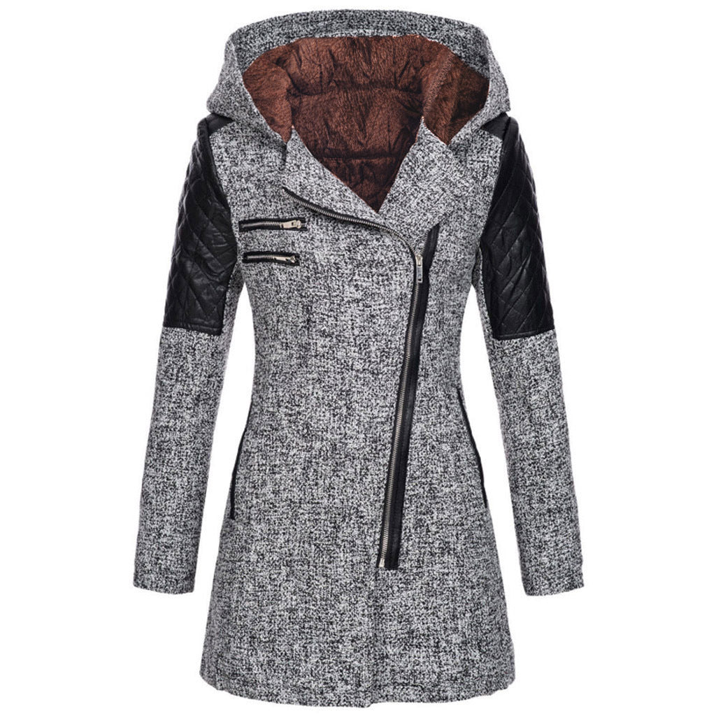 Hooded Diagonal Zipper Coat