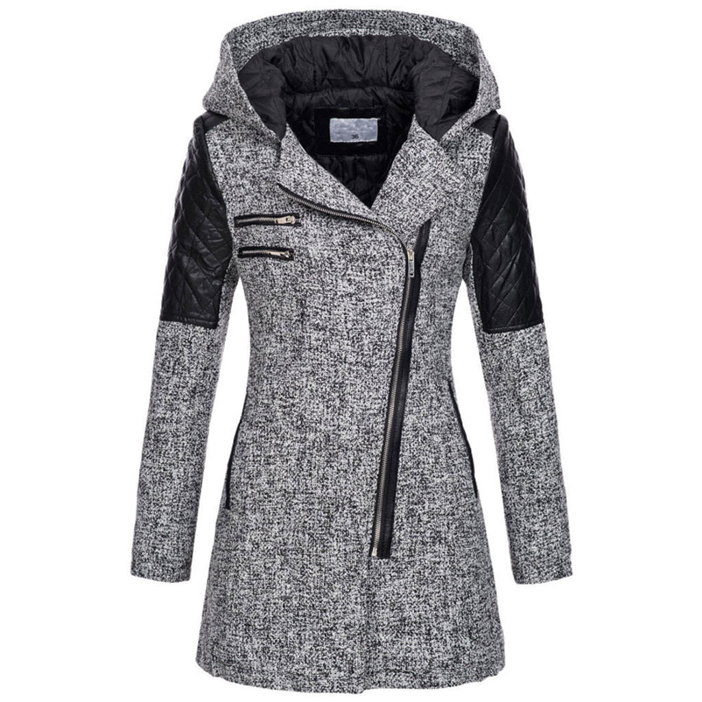 Hooded Diagonal Zipper Coat
