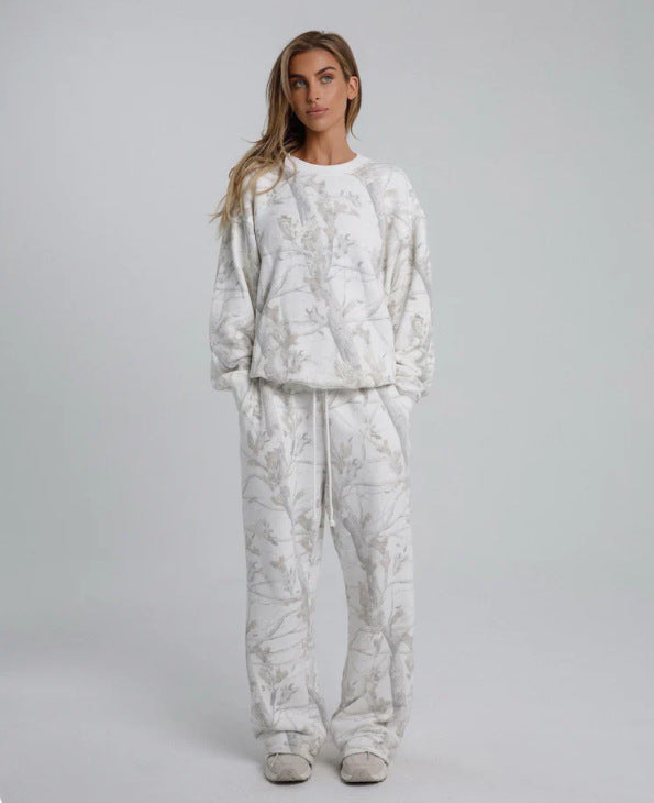 Maple leaf print hoodie and pants set, front view