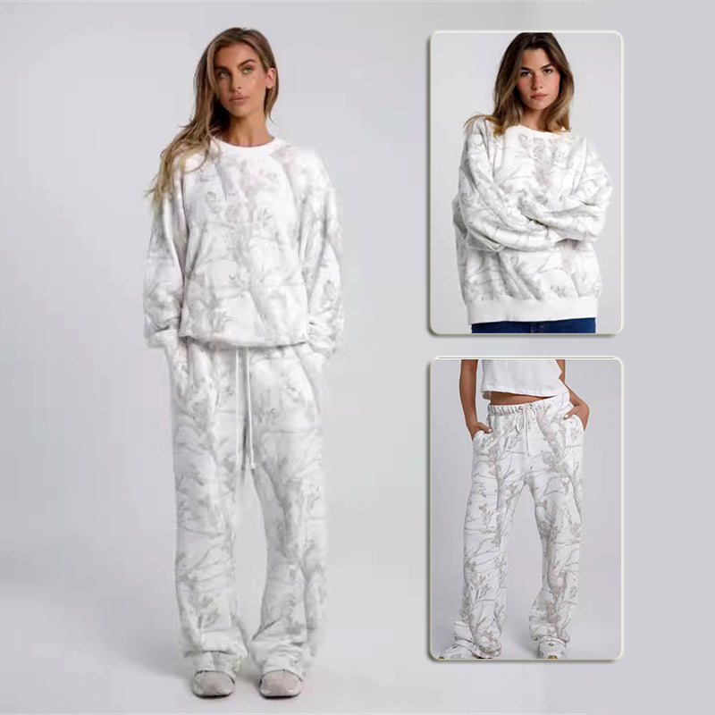Maple leaf print hoodie and pants set, front view