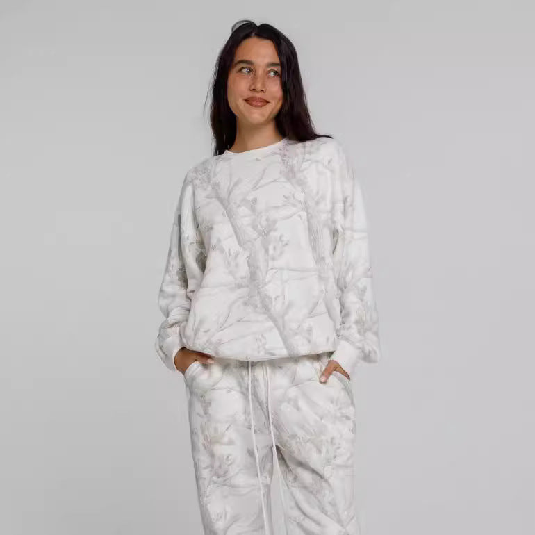 Maple leaf print hoodie and pants set, front view