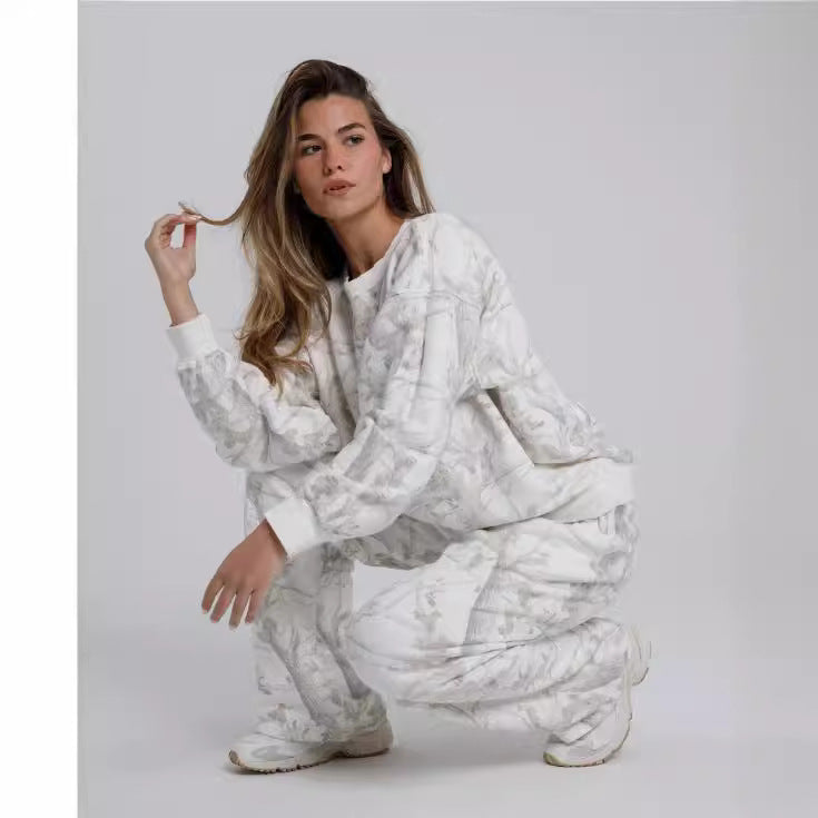Maple leaf print hoodie and pants set, front view