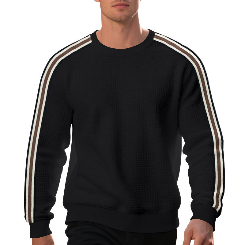 Men's striped round neck sweatshirt in black, front view