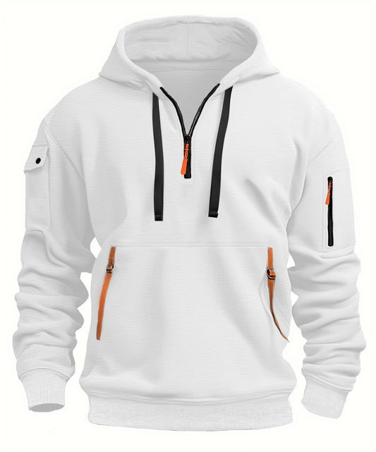 White half-zip drop shoulder hoodie with drawstring hood and front pocket, front view