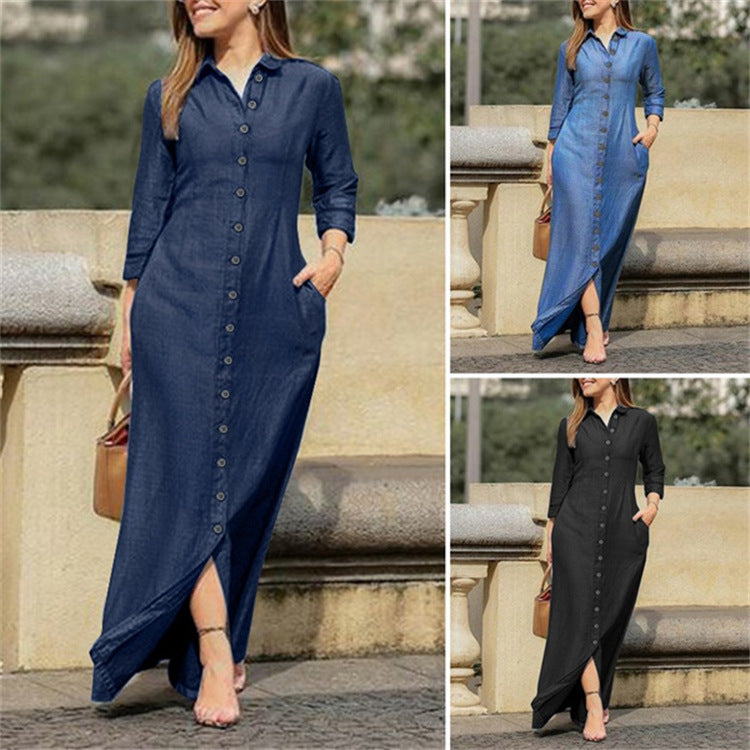 Women's denim maxi dress, front view