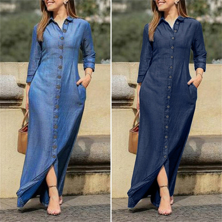 Women's denim maxi dress, front view