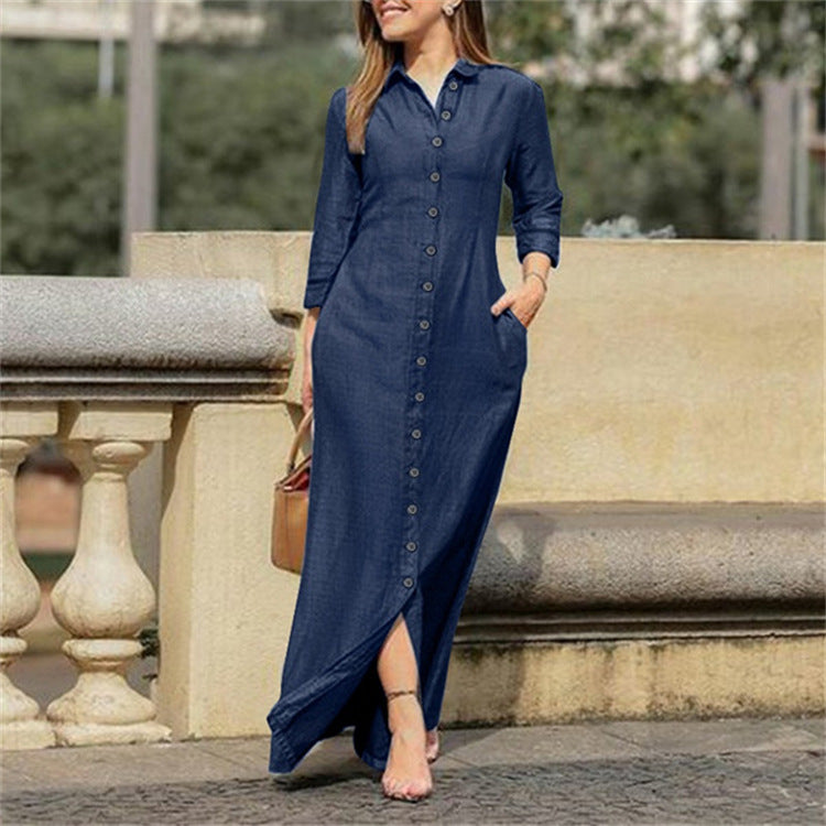 Women's denim maxi dress, front view