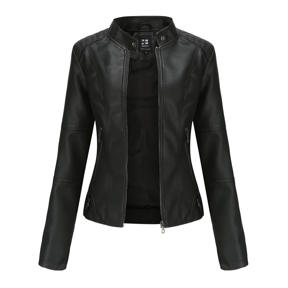 Women's black faux leather jacket with stand-up collar, front view