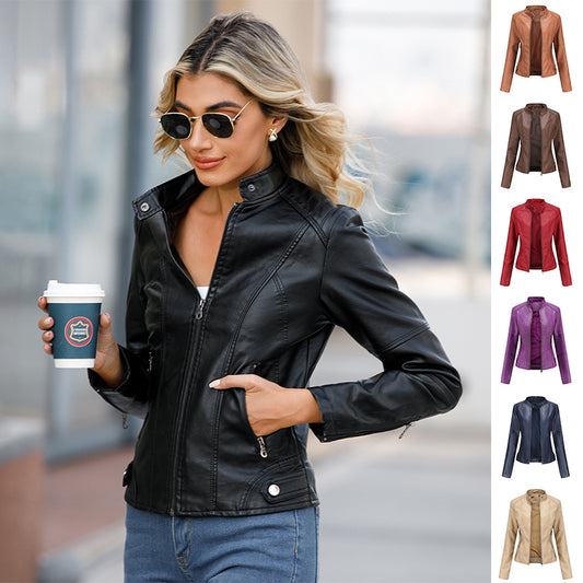 Women's black faux leather jacket with stand-up collar, front view