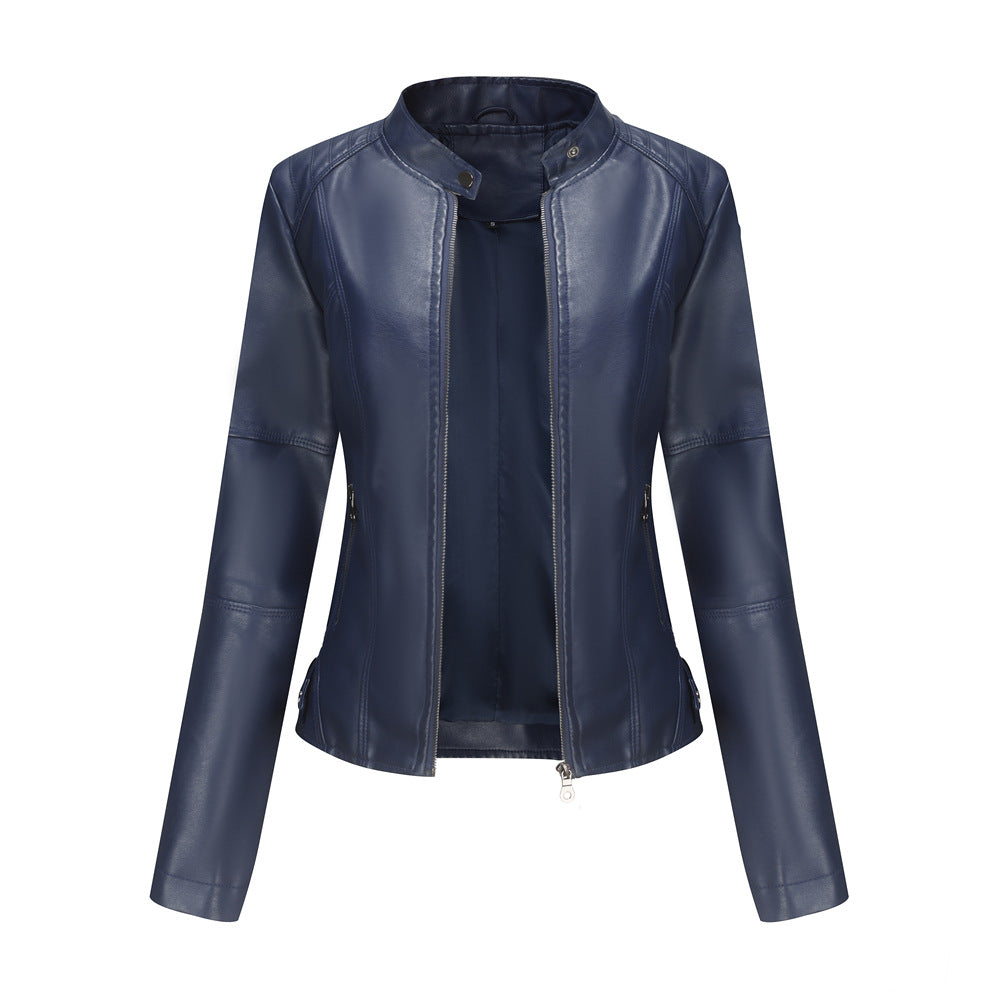 Women's blue faux leather jacket with stand-up collar, front view