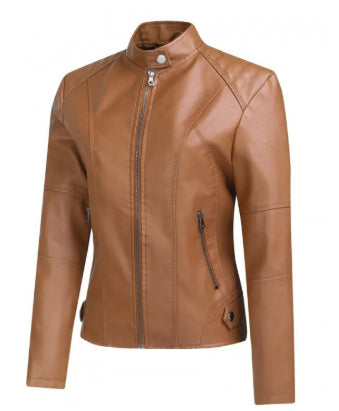 Women's brown faux leather jacket with stand-up collar, front view