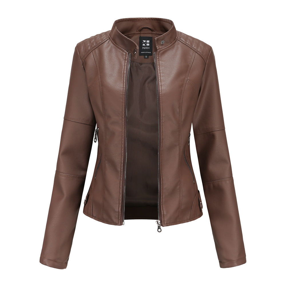 Women's brown faux leather jacket with stand-up collar, front view