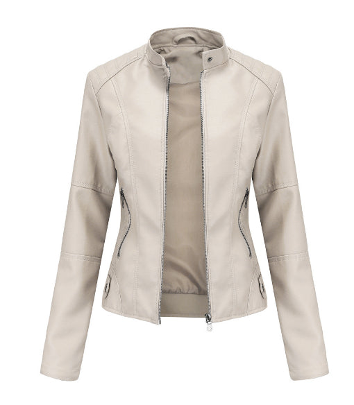 Women's faux leather jacket with stand-up collar, front view