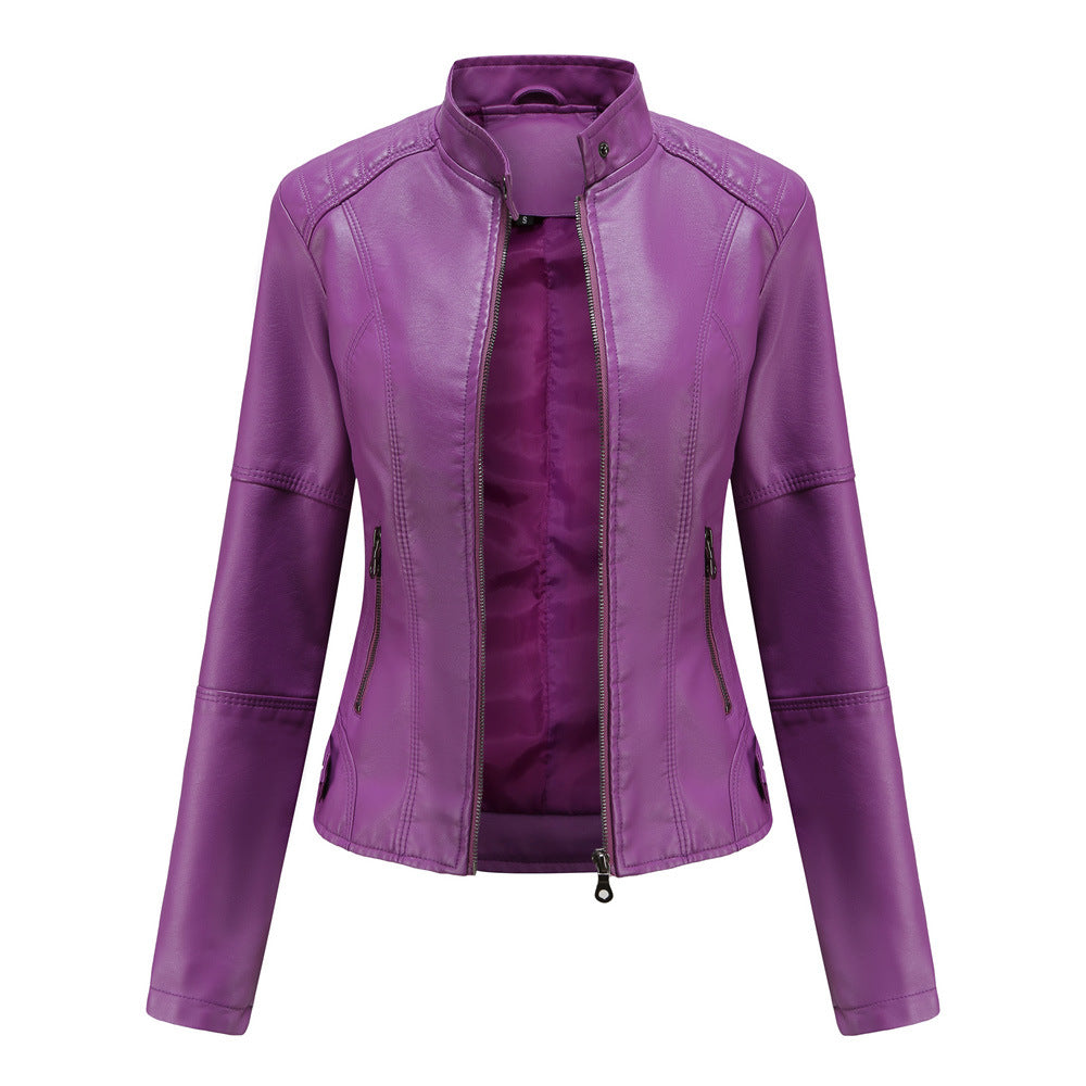 Women's purple faux leather jacket with stand-up collar, front view