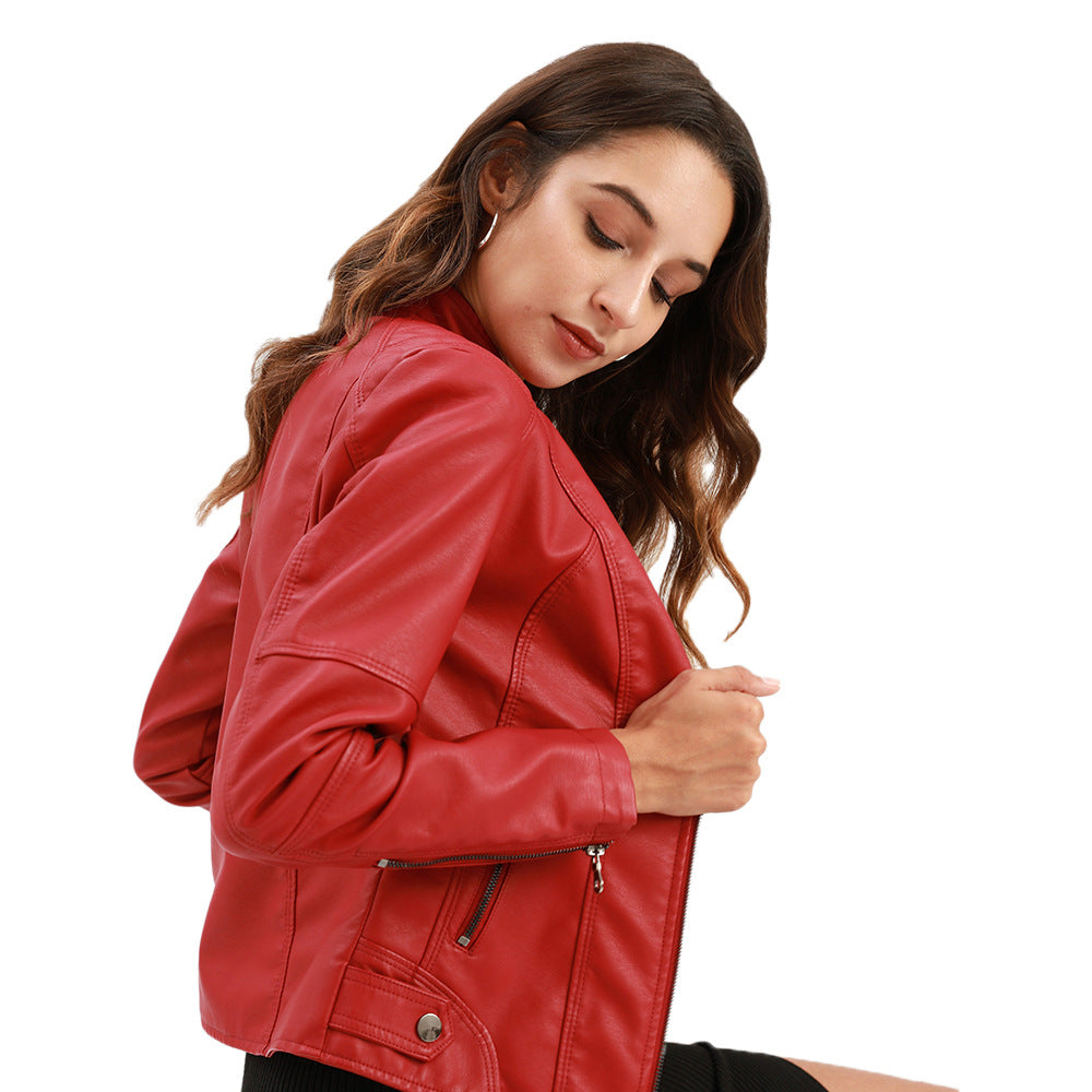 Women's faux leather jacket with stand-up collar, side view