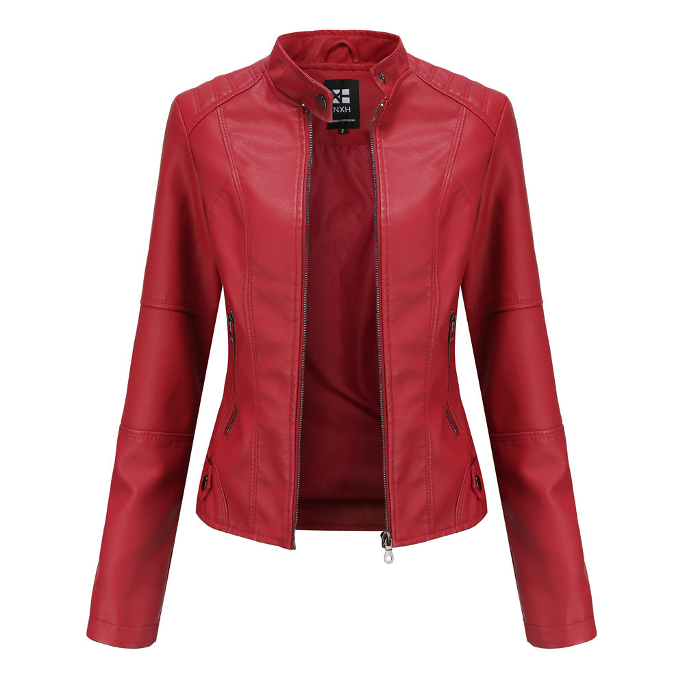 Women's red faux leather jacket with stand-up collar, front view