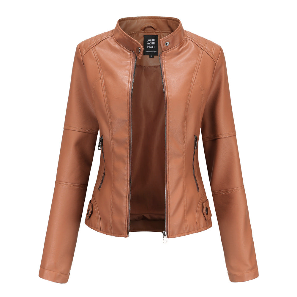 Women's faux leather jacket with stand-up collar, front view