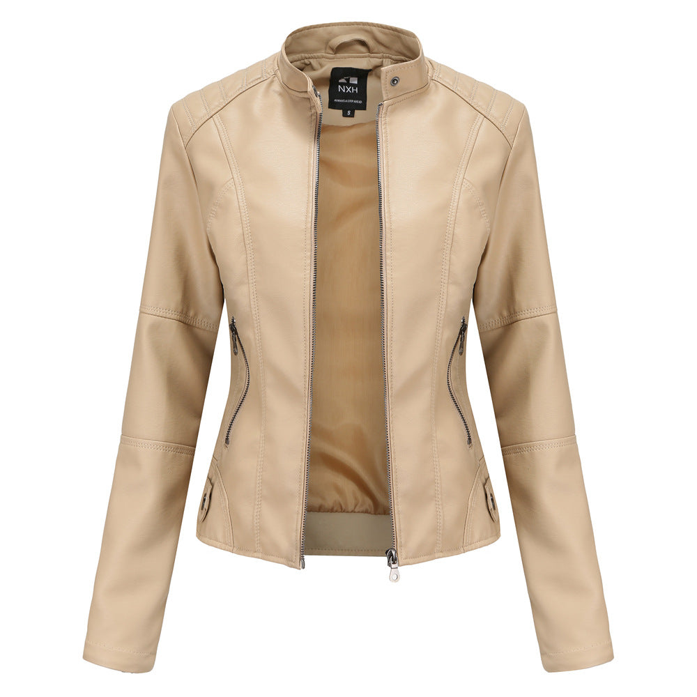 Women's faux leather jacket with stand-up collar, front view
